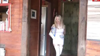 Lana-Giselle stylish blonde exudes on the couch